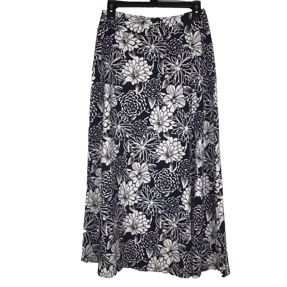 Talbots Maxi Skirt Navy Blue White Floral Stretch Cotton Blend Petite Sz P/XS
